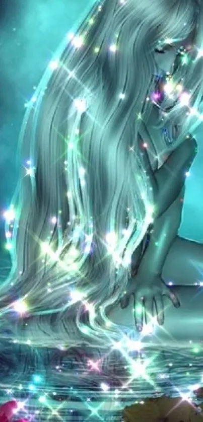 Mystical fairy with cascading hair surrounded by sparkles in teal hues.