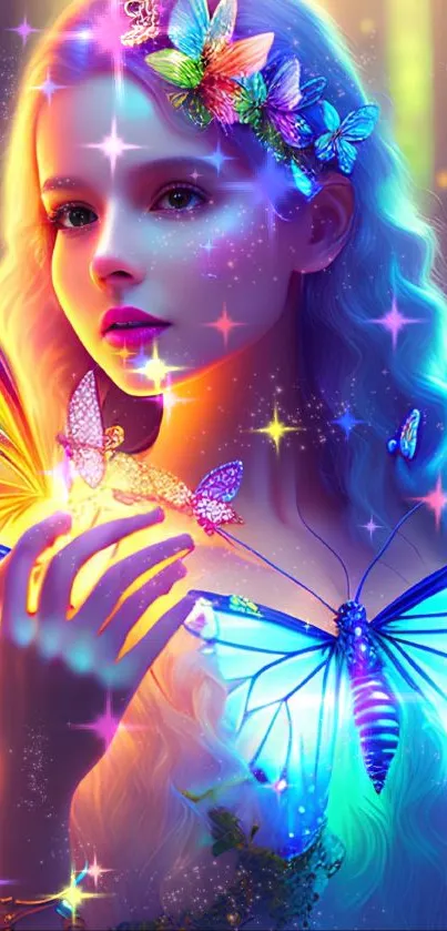 Mystical fairy with bright butterfly wings in a forest.