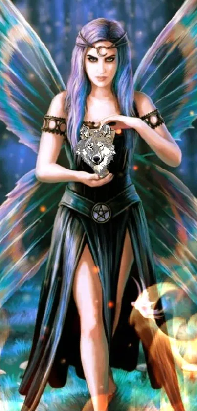 Mystical fairy with wings holding a wolf in a dark forest scene.