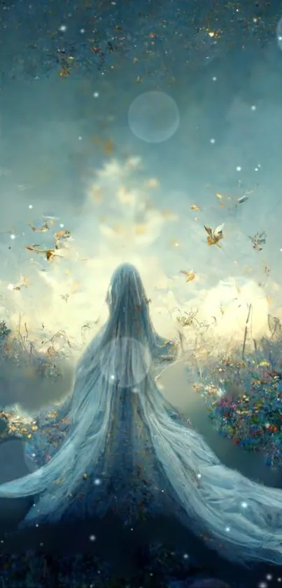 Ethereal scene with mystical fairy in glowing forest.