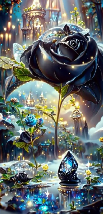 Mystical black rose with sparkling jewels in a fairyland setting.