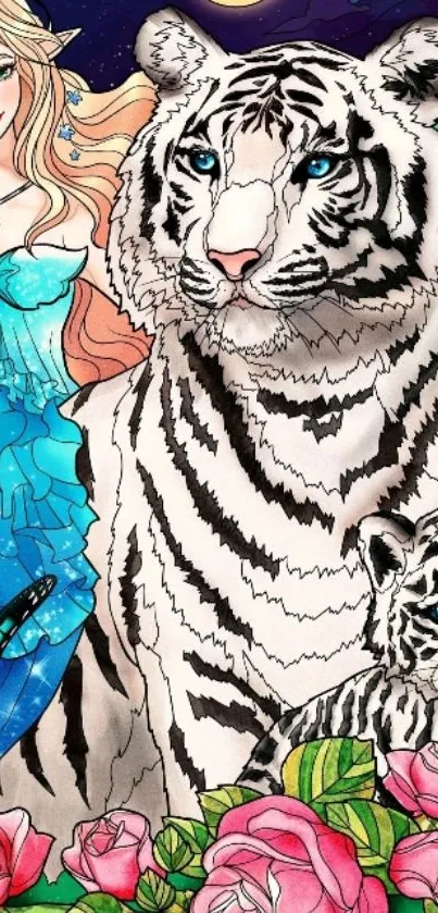 Mystical scene with white tiger and fairy in vibrant fantasy art style.