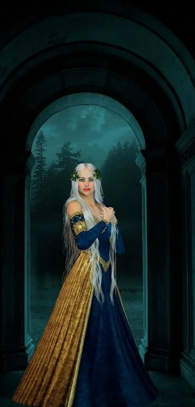 Mysterious woman in gown standing in a gothic archway, set in a fantasy scene.