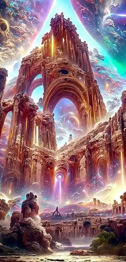 Mystical fantasy architecture with cosmic sky and vibrant colors.