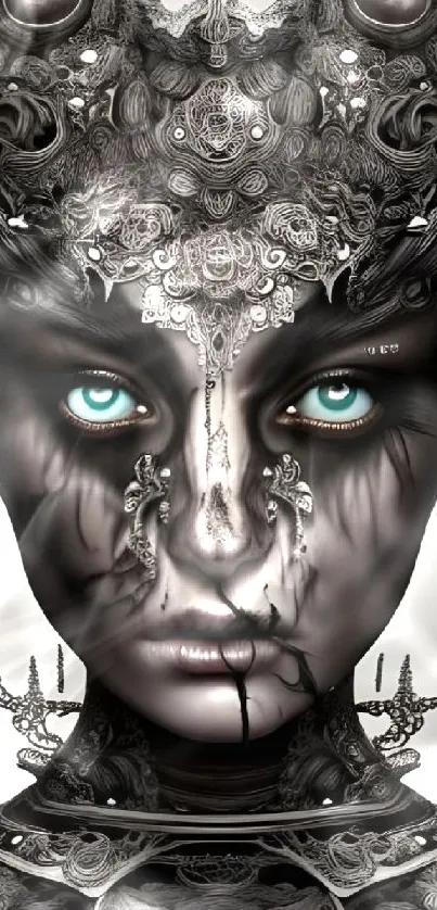 Mystical fantasy art portrait with intricate details and blue eyes.