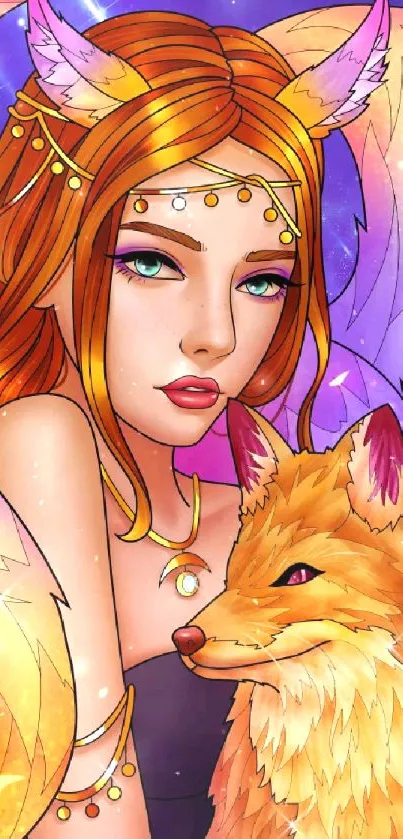 Fantasy art of a woman with fox ears and vibrant background.