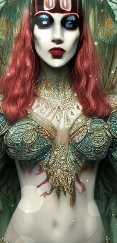 Mystical figure in vibrant fantasy armor with intricate details.