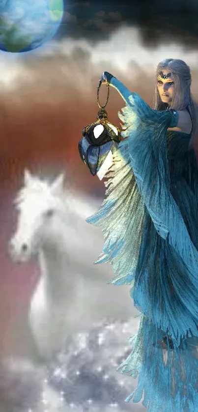 Fantasy figure with lantern and horse against a mystical backdrop.