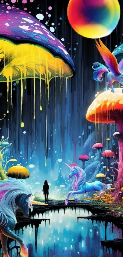 Vibrant fantasy wallpaper with unicorns, mushrooms, and a mystical figure.