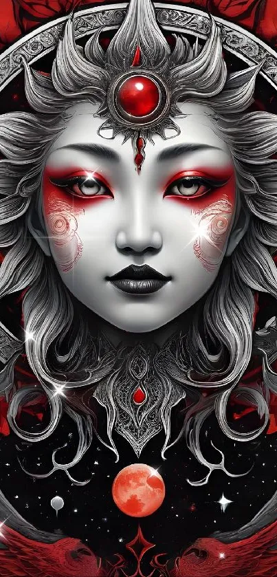 Mystical fantasy art wallpaper with red and silver tones.