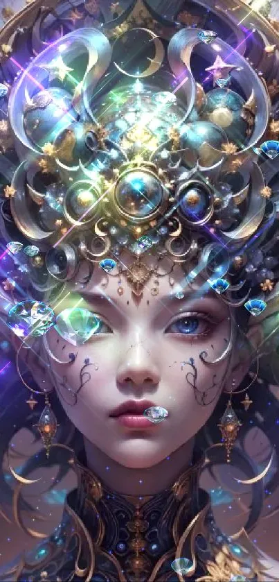 Mystical fantasy art with ethereal character adorned in jewels.