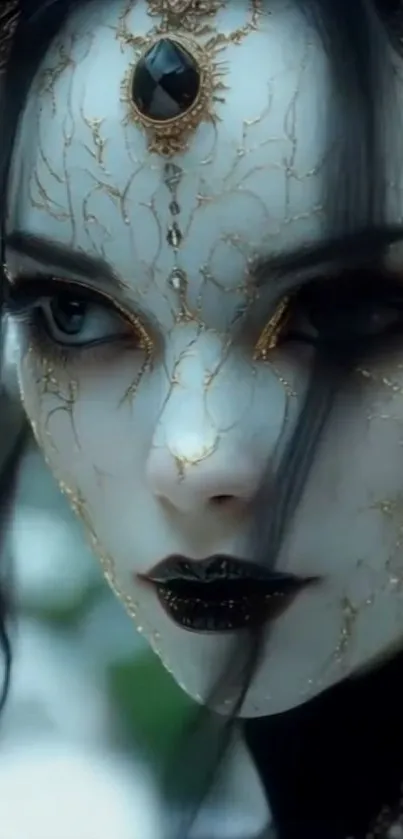 Mystical fantasy art wallpaper with intricate face design and captivating gaze.