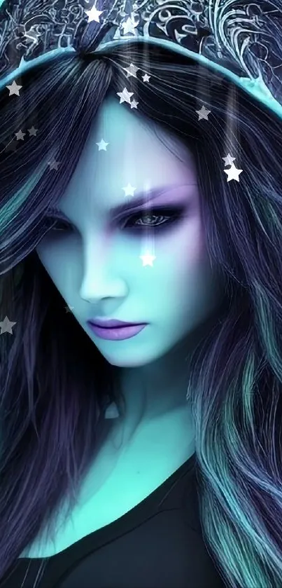 Mystical fantasy character with vibrant teal and purple hues.