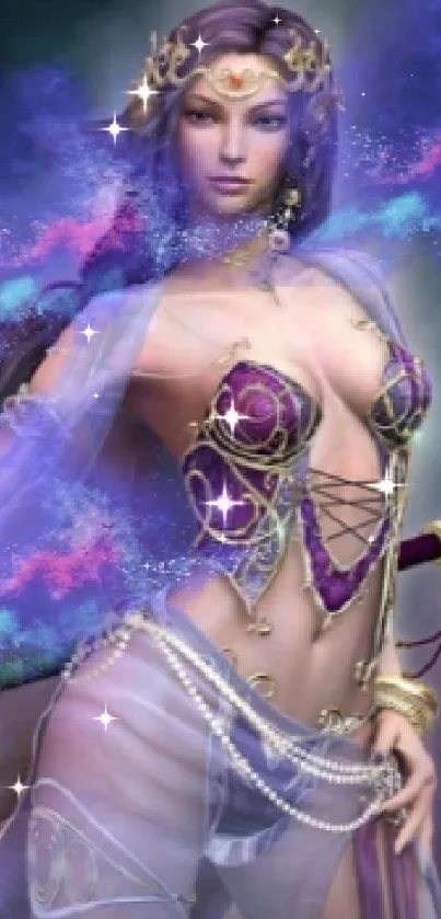 Mystical goddess in elaborate celestial attire on starry backdrop.