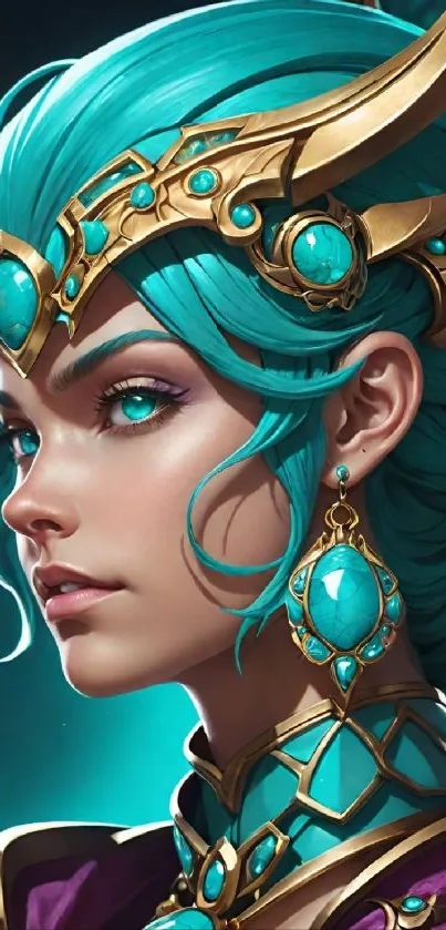 A mystical character with turquoise hair and golden jewelry in a fantasy art style.