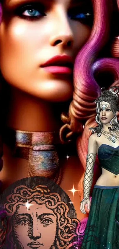 A fantasy art wallpaper featuring a mythical woman with vivid curls and detailed attire.