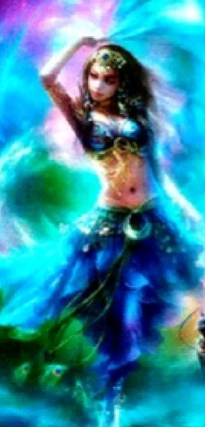 Mystical fantasy art wallpaper with vibrant colors and a female figure.