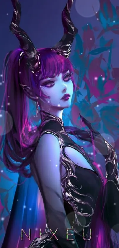 Fantasy digital art wallpaper with a horned figure in purple and blue hues.