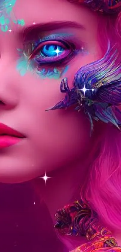 Mystical fantasy art with pink hair and blue eyes, perfect for wallpaper.