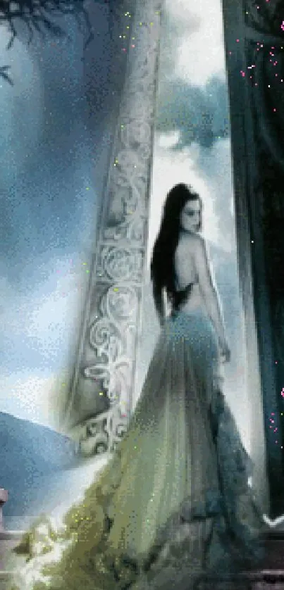 Fantasy art wallpaper with mystical figure and ethereal landscape.