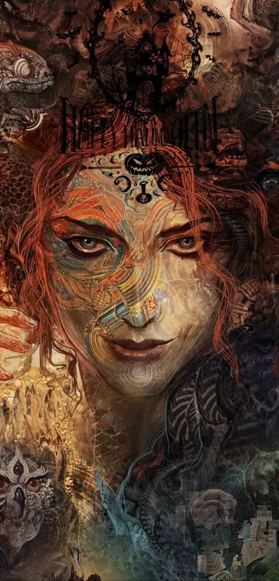 Mystical fantasy art with surreal patterns and figures.