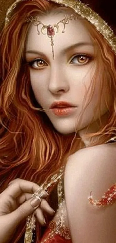 Fantasy art of a mystical woman with red hair in intricate detail.