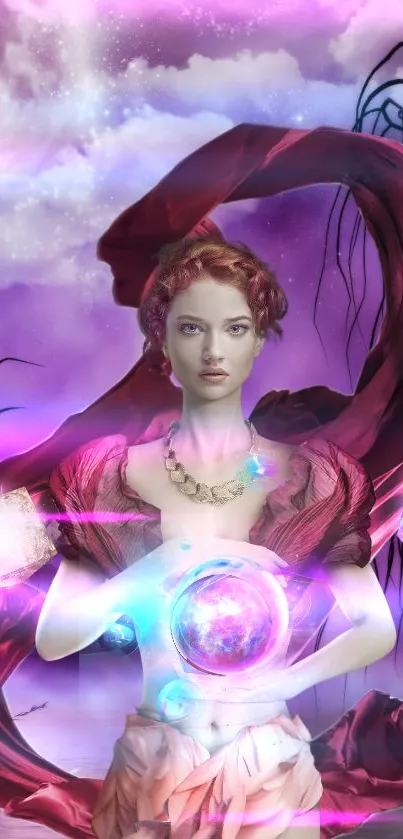 Fantasy artwork with mystical woman and glowing orbs in pink hues.