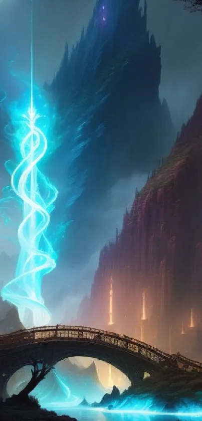 Mystical mountains and glowing blue spiral in fantasy art.