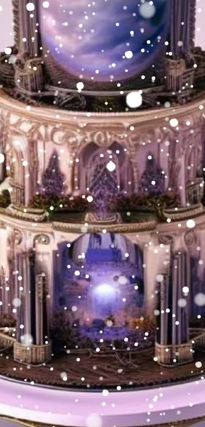 Mystical fantasy castle with intricate details on a lavender background.