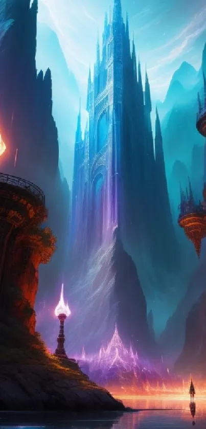 Mystical fantasy castle in a vibrant, ethereal landscape with glowing spires.