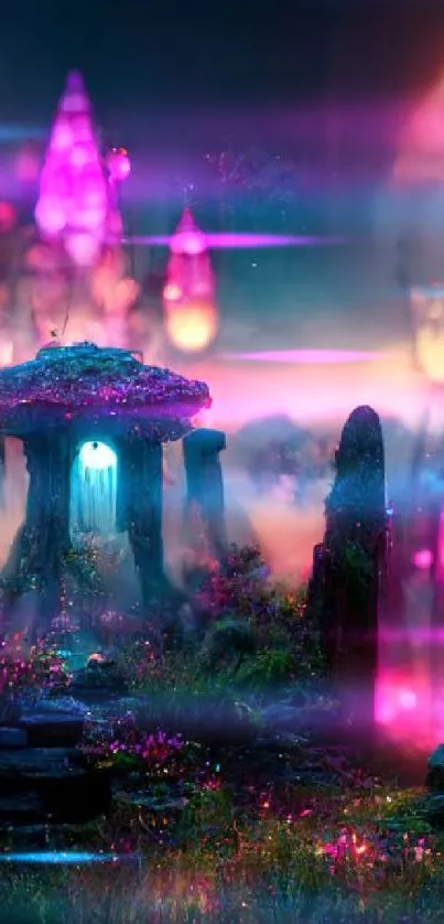 A vibrant fantasy wallpaper with glowing purple castles.