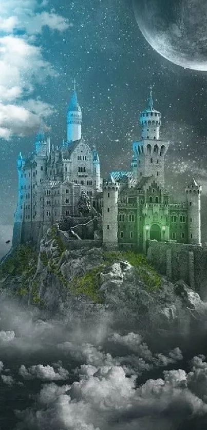 A mystical fantasy castle floating among clouds under a moonlit sky.