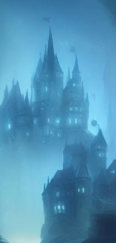 Mystical castle with blue glow in fantasy landscape.