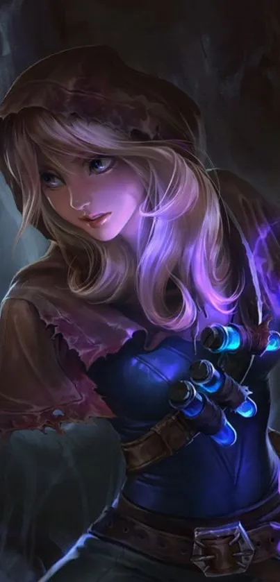 Fantasy character with purple highlights on a dark background.