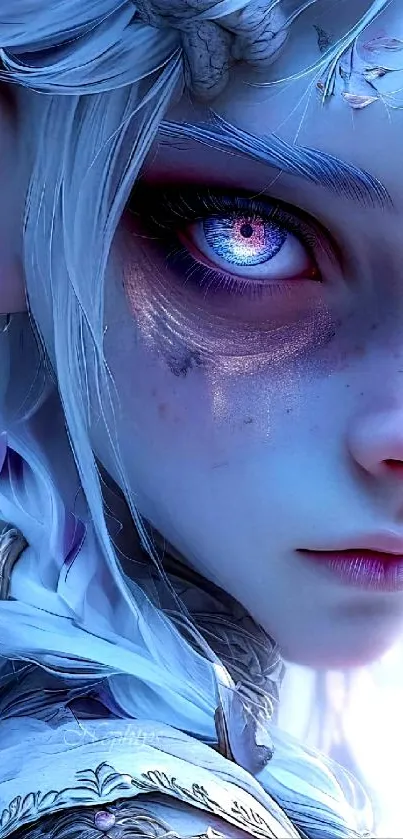 Fantasy character with vibrant blue eyes and intricate hair design.