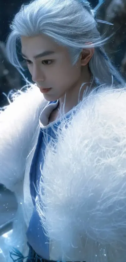 Fantasy character with white hair and mystical aura in vibrant wallpaper.