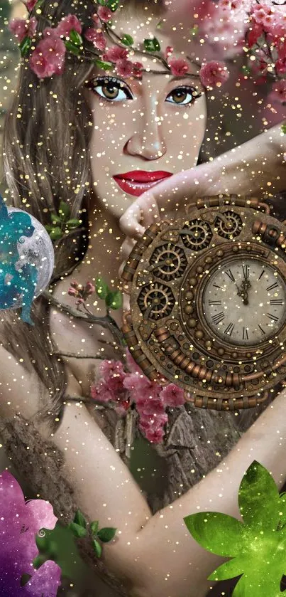 Fantasy wallpaper with a woman, vintage clock, floral and sparkling accents.