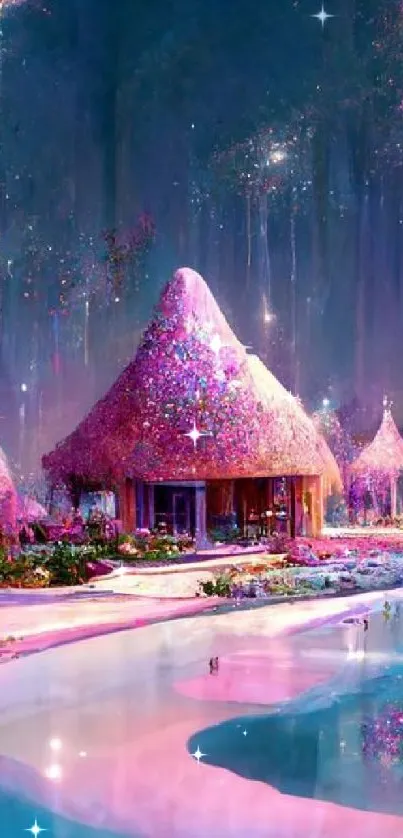 Magical cottage landscape with shimmering colors and tranquil ambiance.