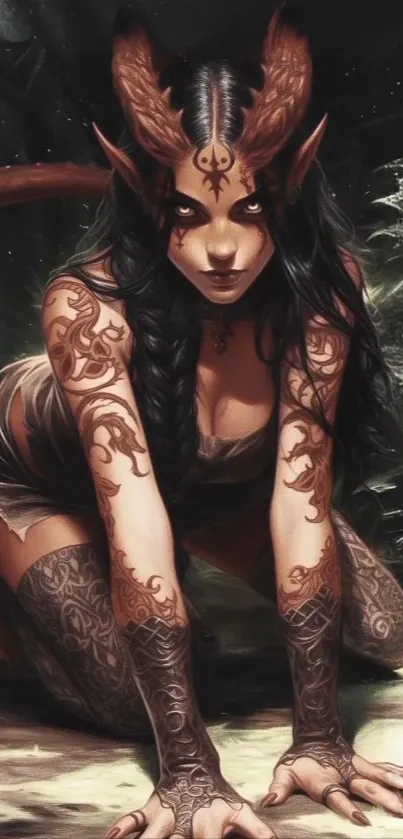 Fantasy creature with intricate tattoos and mystical design.