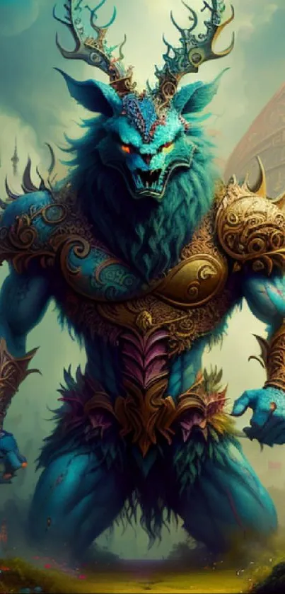 Fantasy creature with blue fur and horns in a mystical landscape.