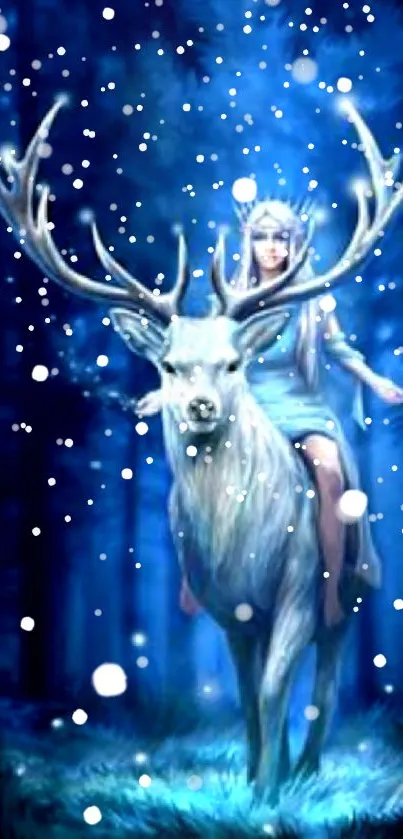 A mystical figure on a white deer in a blue-lit forest wallpaper.