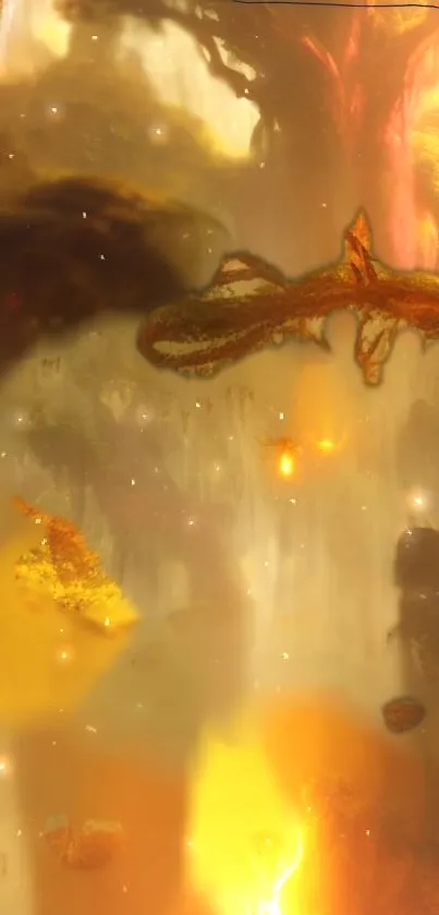 Fantasy scene with a dragon in orange hues.