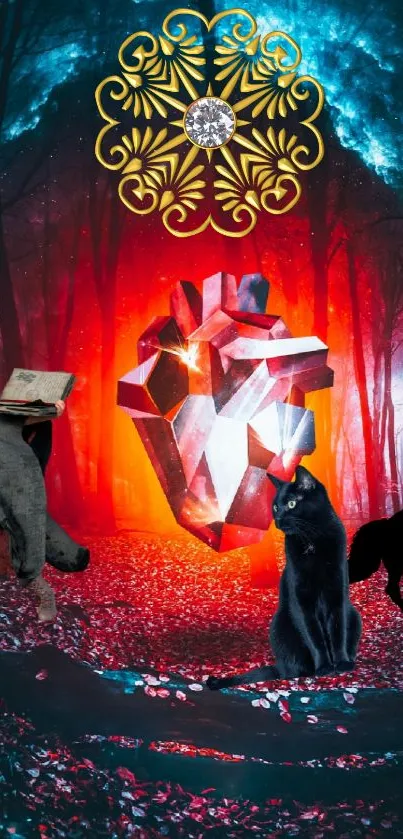 Mystical wallpaper with heart gem, black cat, and magical forest scene.