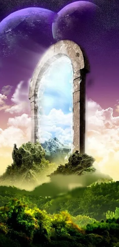 Fantasy portal amidst lush landscape and cosmic skies.