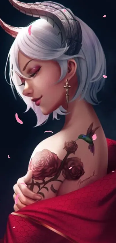 A fantasy girl with tattoos and dramatic features, set against a dark background.