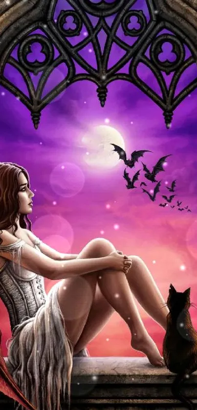 Fantasy gothic wallpaper with girl, cat, and bats at a window.