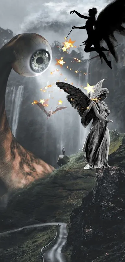 A dark fantasy scene with angels and an eye monster in a mystical landscape.