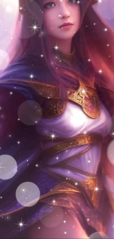 Mystical fantasy heroine with purple hues and glowing armor mobile wallpaper.