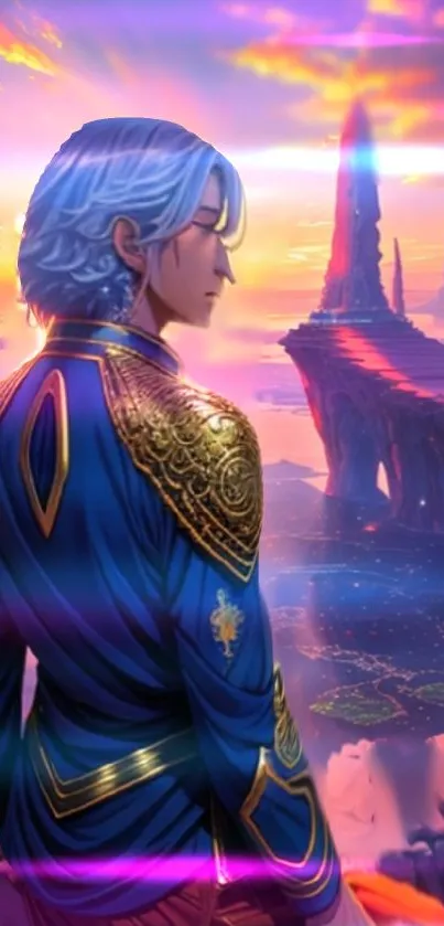 Fantasy figure in blue robe overlooking a mystical sunset landscape.