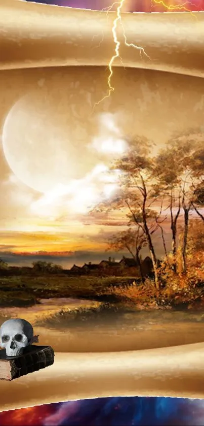 Mystical autumn landscape with scroll and skull under moonlight.